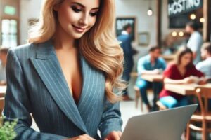 A young beautiful blonde woman blogger enjoys a coffee in between meetings