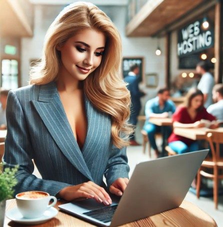 A young beautiful blonde woman blogger enjoys a coffee in between meetings